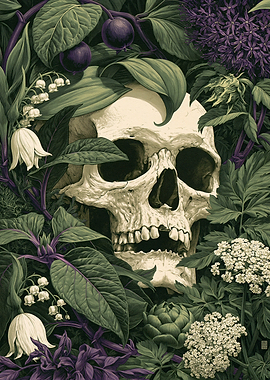 Skull surrounded by dark botanical elements