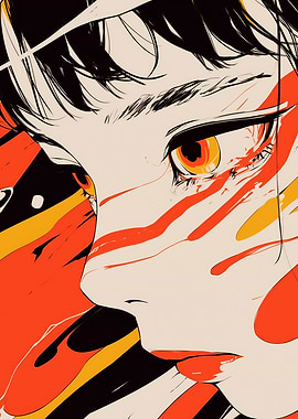 Anime Girl with Red and Yellow Abstract Markings