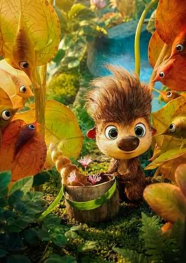 Cute creature with a bucket of flowers