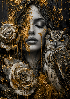 Golden Woman and Owl Portrait