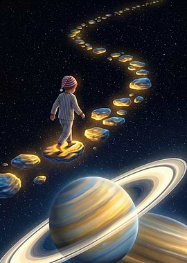 Child walking on stepping stones in space