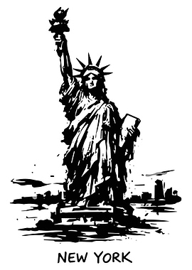 New York Statue of Liberty Sketch Poster Black and White City Skyline Wall Art