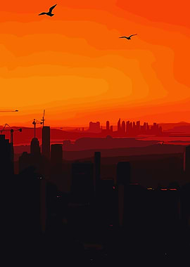 Cityscape at Sunset with Birds