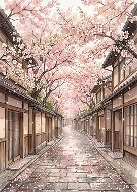 Cherry Blossom Street in Bloom – Serene Japanese Watercolor Spring Landscape