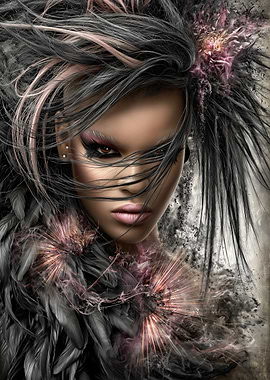 Gothic Woman with Feathers and Pink Accents