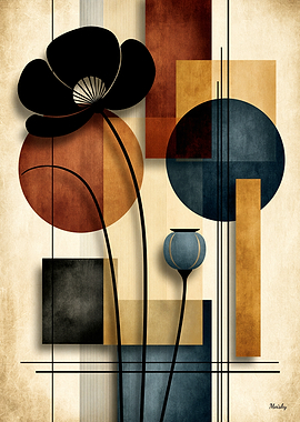 Japandi Poppy Geometry No. 09 – Modern Botanical Wall Art