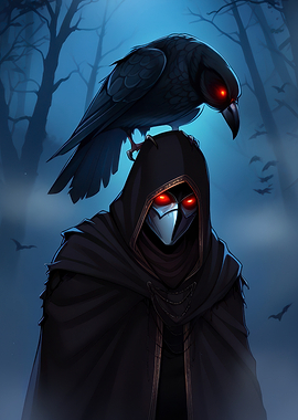 Mysterious hooded figure with a raven