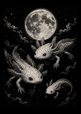 Moonlit Axolotls Fantasy Poster Mystical Night Sky Wall Art