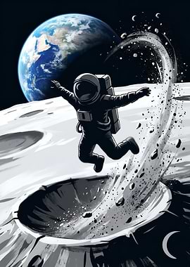 Astronaut Leaping From Moon Crater