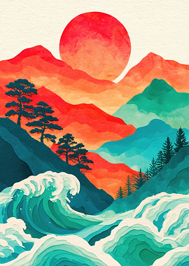 Japanese Wave and Mountain Landscape