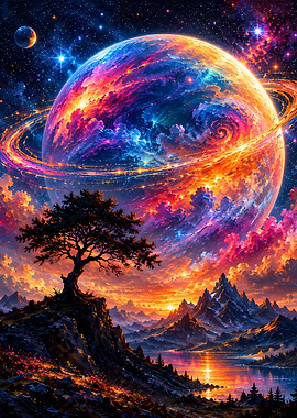 Cosmic Landscape with Tree and Planet