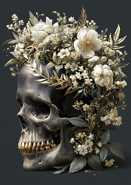 Skull adorned with white and gold flowers