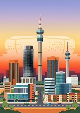 Modern City Skyline at Sunset