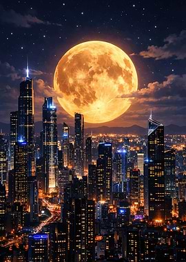 Cityscape Under a Giant Moon