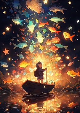 Child in a boat with glowing fish