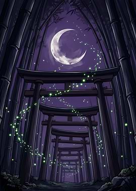 Japanese Torii Path in Midnight Bamboo Forest