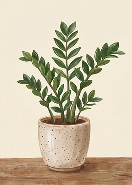 Potted ZZ Plant on Wooden Surface
