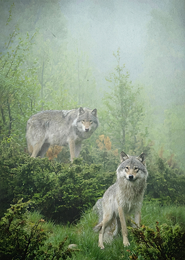 Two wolves in a misty forest