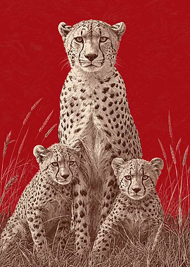Cheetah Family in Red Background