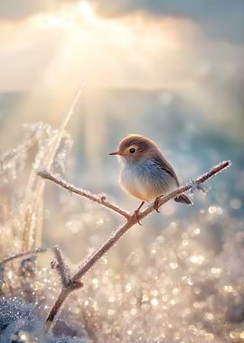 Tiny bird on a frosted branch