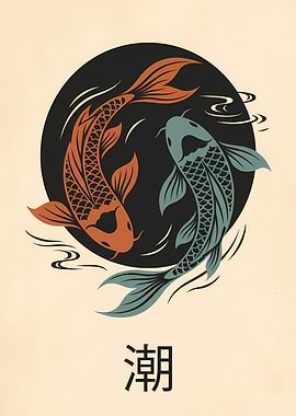 Yin Yang Koi Fish with Japanese Kanji