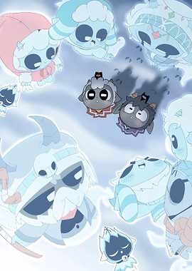 Cute Cult of the Lamb characters in the sky