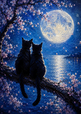 Two Black Cats Under the Moon