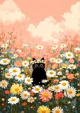 Black Cat in a Daisy Field