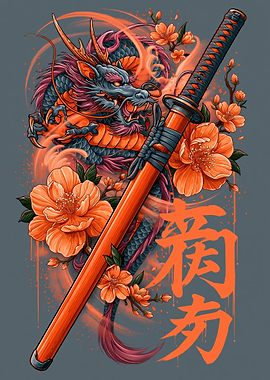 Dragon and Katana with Flowers