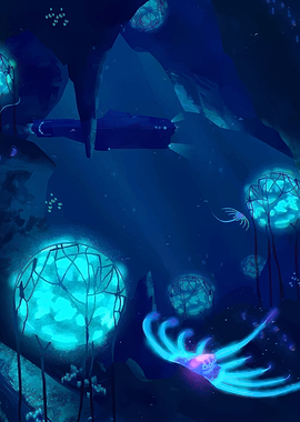Submarine exploring bioluminescent underwater cave
