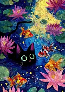 Black Cat and Goldfish in Water Lilies