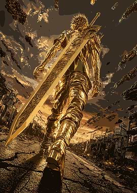 Golden Warrior in Ruined City