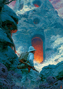Explorer approaches fiery cave entrance