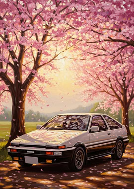 Classic Car Under Cherry Blossoms