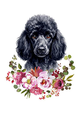Black Poodle with Flowers