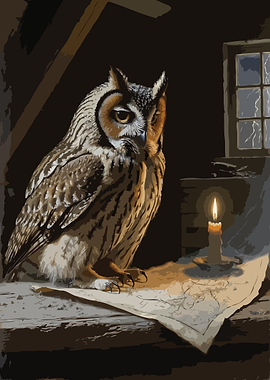 Owl studying a map by candlelight
