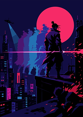 Cyberpunk Samurai on Rooftop