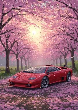 Red Lamborghini Diablo under Cherry Blossoms