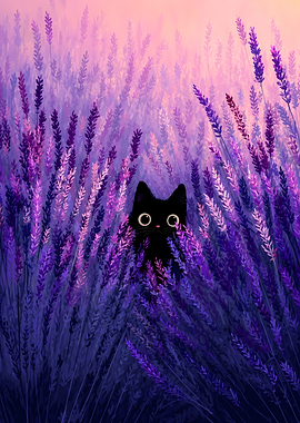 Black cat in lavender field