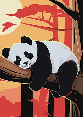 Panda sleeping on a tree branch