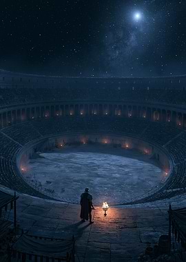 Knight in Ancient Arena Under Starry Sky