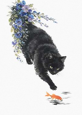 Black Cat and Goldfish Painting