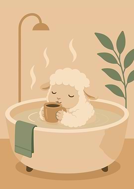 Cute Sheep Enjoying a Bath with Coffee