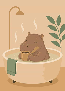 Hippo Enjoying a Bath with Coffee
