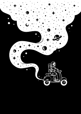 Astronaut riding a scooter through space