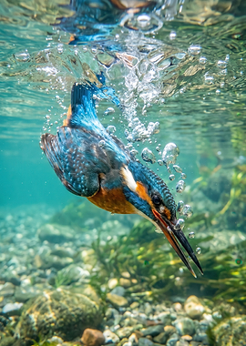 Kingfisher diving underwater