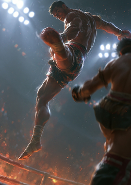 Muay Thai Fighter Kicking in Ring