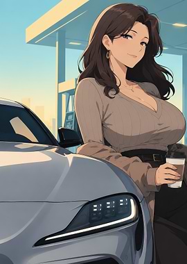 Woman with coffee by a car