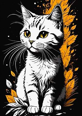 Stylized Cat with Autumn Leaves