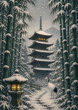 Snowy Japanese Pagoda with Crane